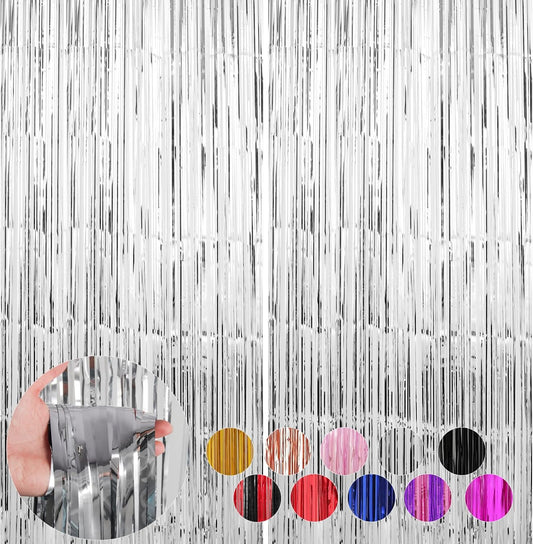 2 Pack Silver Foil Fringe Curtains Streamers Party Decorations 3.3 x 8.2 ft, Tinsel Curtain Fringe Backdrop for Parties, Silver Door Fringe Birthday Streamers, Photo Booth Backdrops, Party Decor