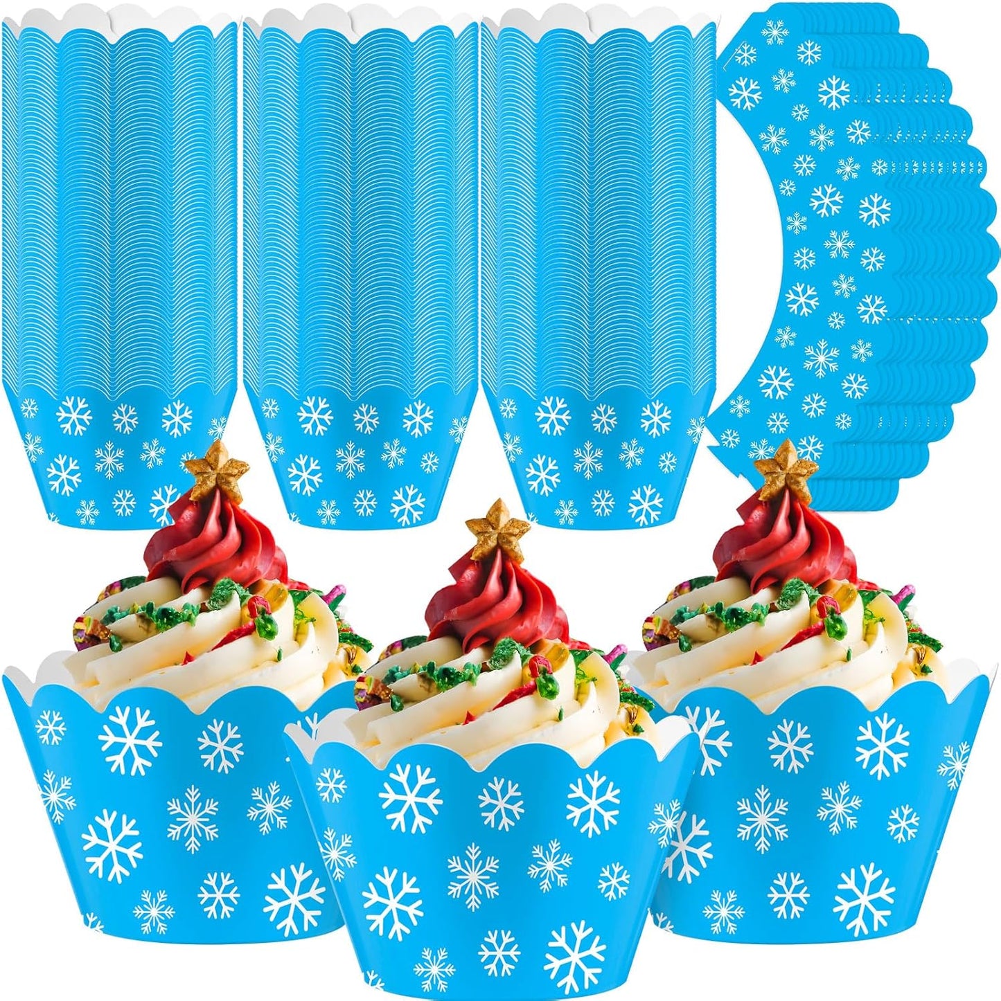 Domensi 100 Pcs Snowflake Cupcake Wrappers Blue Cupcake Liners Christmas Blue Snowflake Baking Cups Baking Liners for Winter Xmas Wedding Bridal Baby Shower Birthday Party Supplies Dessert Decoration