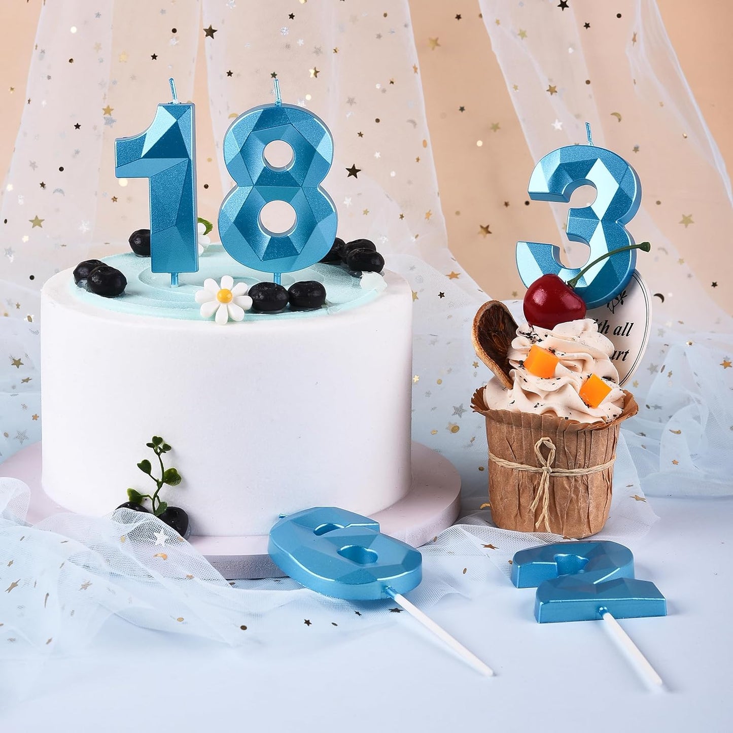 PHD CAKE 2.76 Inch Crystal Blue 3 Number Birthday Candles, Blue Number Candles, Cake Number Candles, Party Celebration