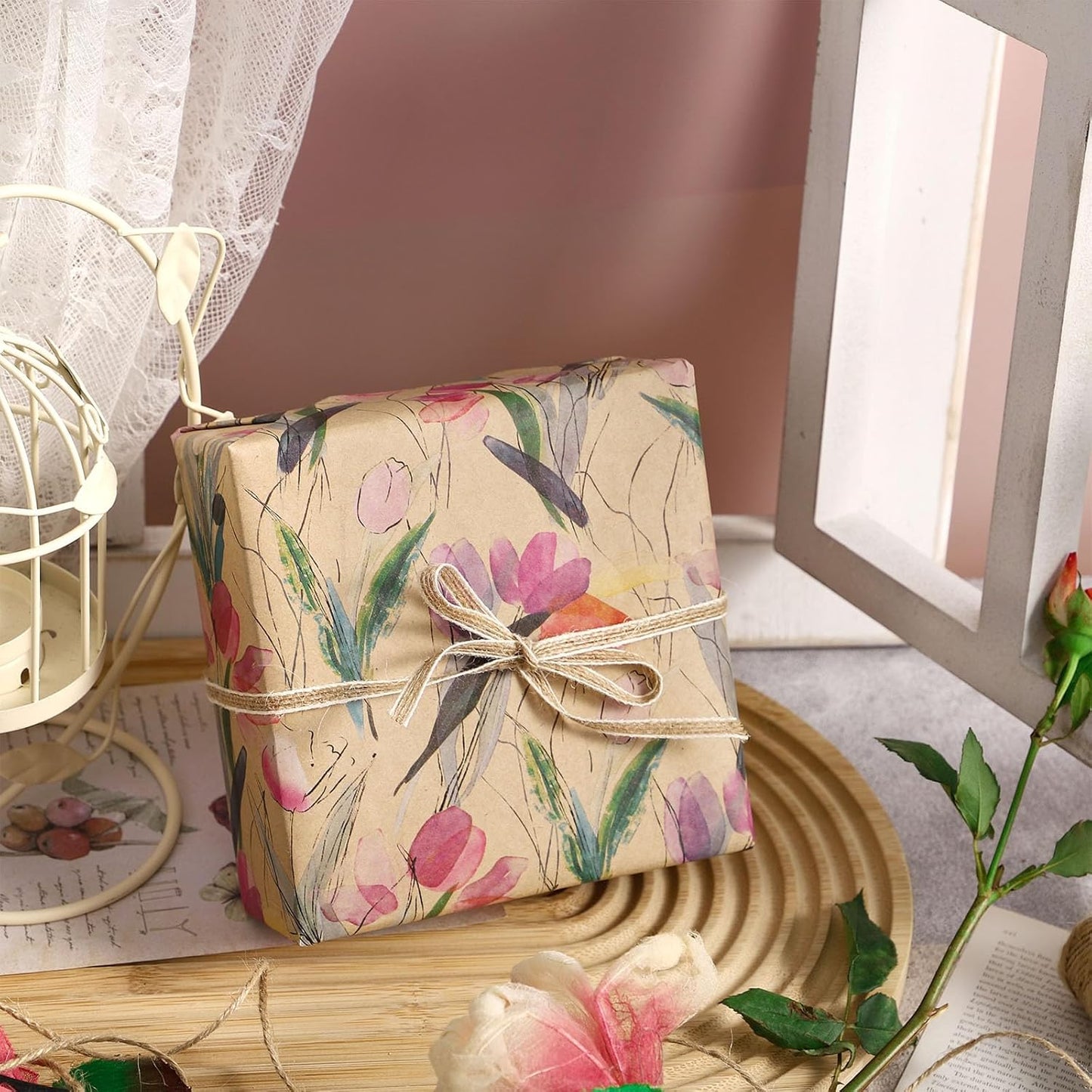 RUSPEPA Flower Wrapping Paper Roll, 17 in x 16.4 ft, Mini Roll, Tulips Watercolor Gift Wrap, Floral Kraft Wrapping Paper for Women, Girls, Spring, Summer, Wedding and Mother's Day