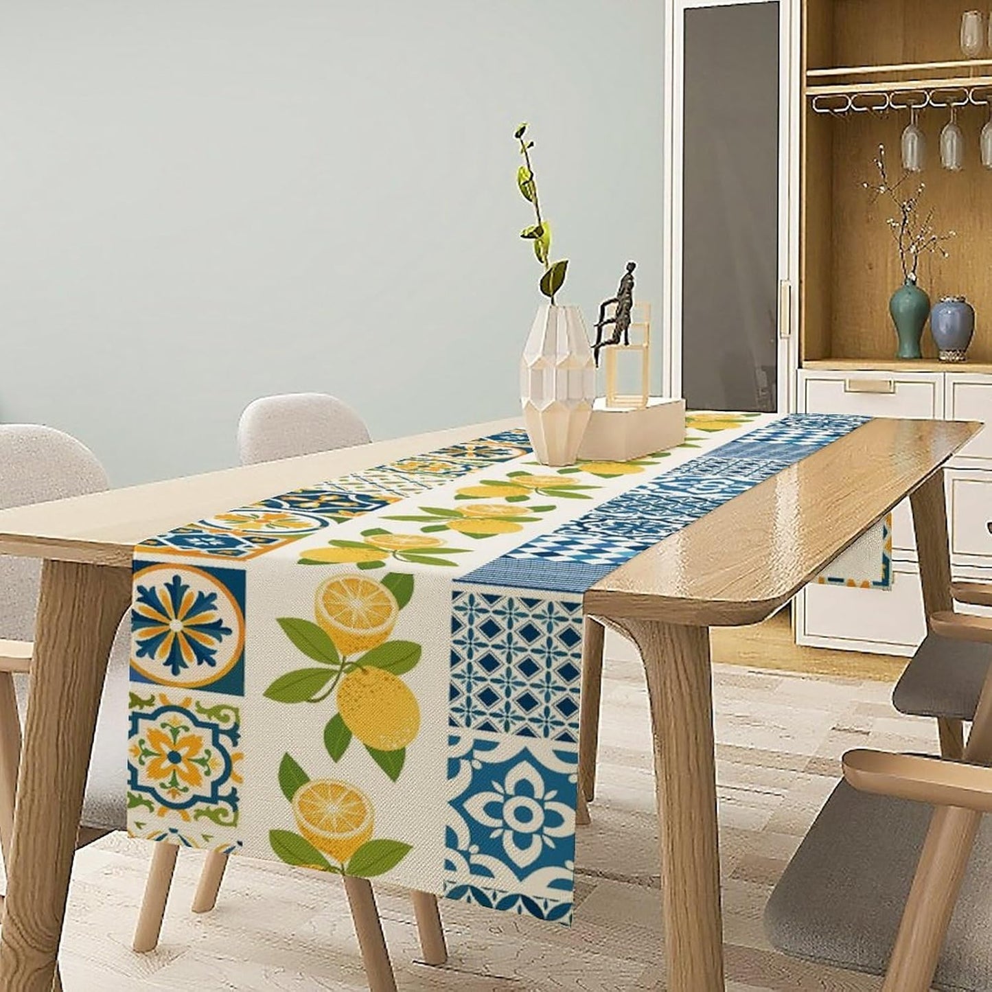 Lemon Table Runner,Watercolor Blue Fruits Green Leaves Print Table Cloth Kitchen Dining Table Home Party Decoration 13x120 Inch