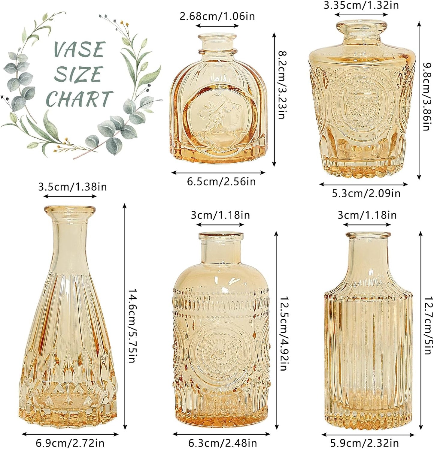 Glass Bud Vase Set of 5, Gold Amber Small Flower Vases for Centerpieces in Bulk, Mini Vintage Vase for Rustic Wedding, Home,Table Decoration