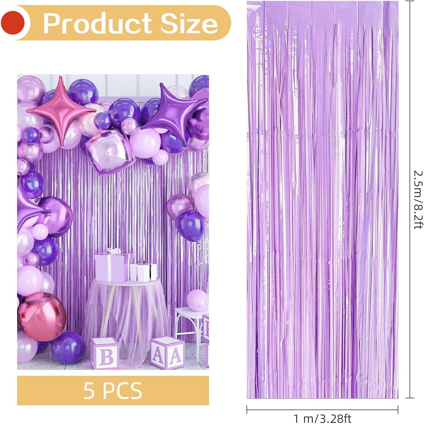 5 Pack Purple Foil Curtain Backdrop 3.2ft x 8.2ft Tinsel Foil Fringe Curtains Macaron Photo Booth Streamer Backdrop for Party Decorations Birthday Baby Shower Bachelorette Holiday (Pastel Purple)