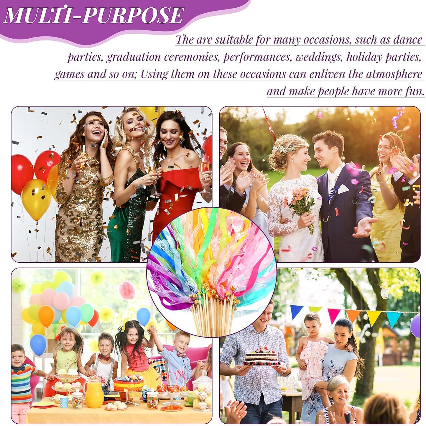 40 Pieces Ribbon Wedding Streamers with Bells, Lace Fairy Stick Wand Party Streamers Chromatic Silk Streamers for Party, Birthday and Holiday