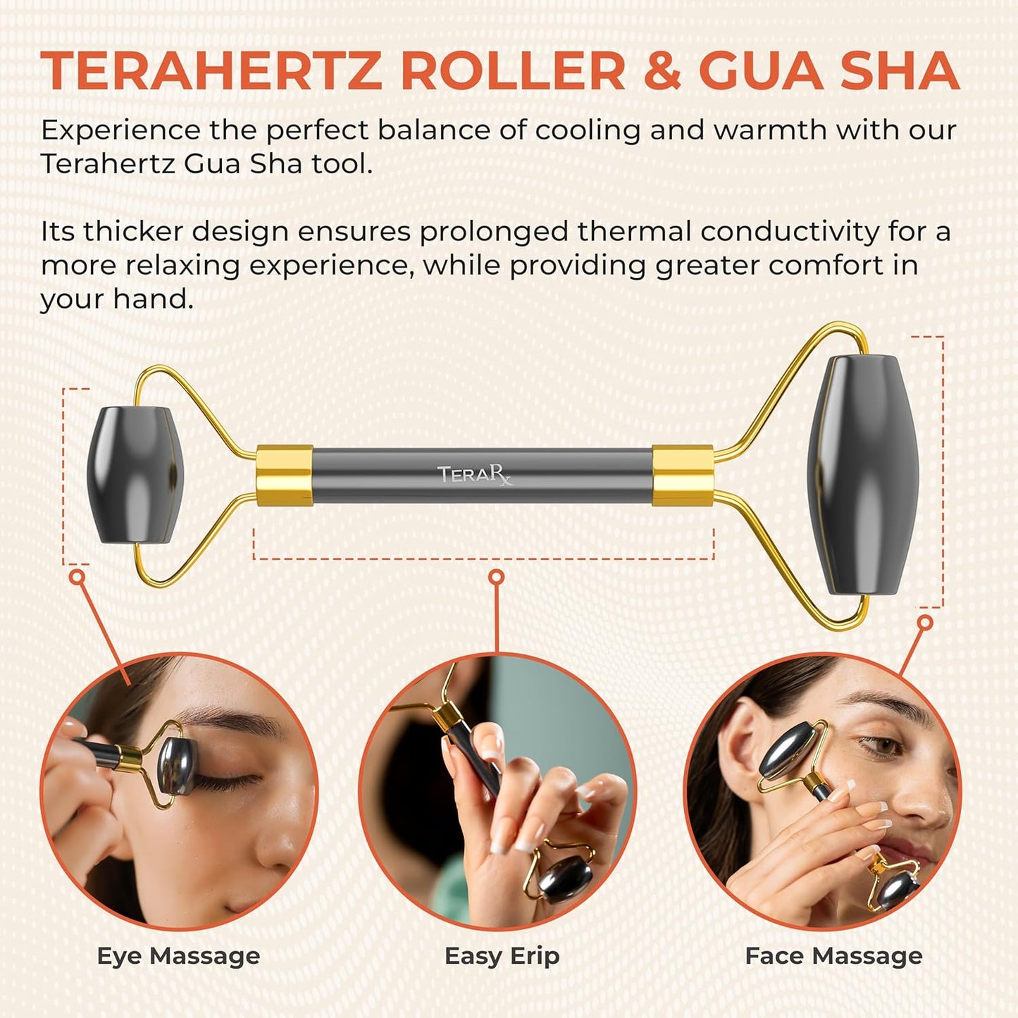 Terahertz Gua Sha & Facial Roller Set – 100% Authentic Terahertz Stone Face Roller to Reduce Puffiness, Improve Wrinkle Lines & Relieve Facial Tension – Perfect for Eye Massage and Relaxation