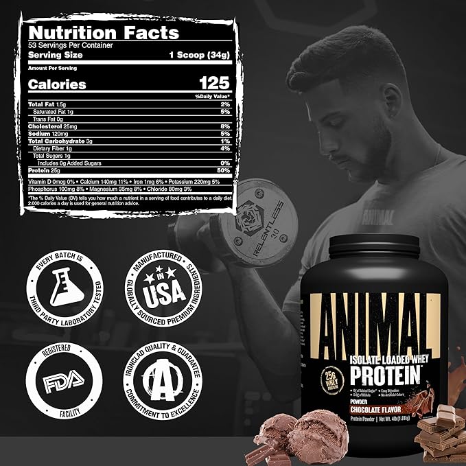 Animal Whey Isolate Protein Powder - Loaded for Pre & Post Workout Muscle Builder and Recovery with Digestive Enzymes for Men & Women - 25g Protein, Great Taste, Low Sugar - Chocolate 4 lbs