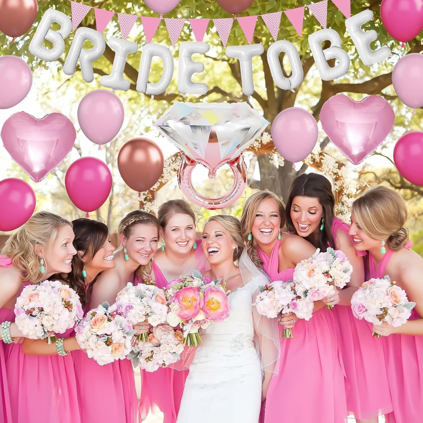 Pink White Bachelorette Party Decorations, White Bride To Be Bridal Shower Balloons Decorations, Hot Pink Rose Gold Balloons with Diamond Ring Cream Heart Balloons for Bachelorette Engagement Wedding