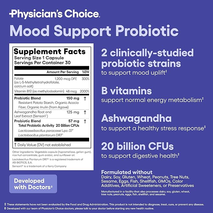 Physician's CHOICE Mood Support Probiotic - Supports a Balanced Mood, Healthy Stress Response & Digestive Health with Prebiotics, Ashwagandha, Vitamin B12, Folate - for Men & Women - 30ct