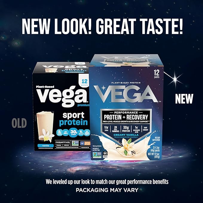 Vega Protein + Recovery - 30g Plant-Based Protein per Serving, Vanilla, 12 x 1.6oz Sachets, 5g BCAAs, Probiotics, NSF Certified, For Shakes & Smoothies, (Packaging May Vary)
