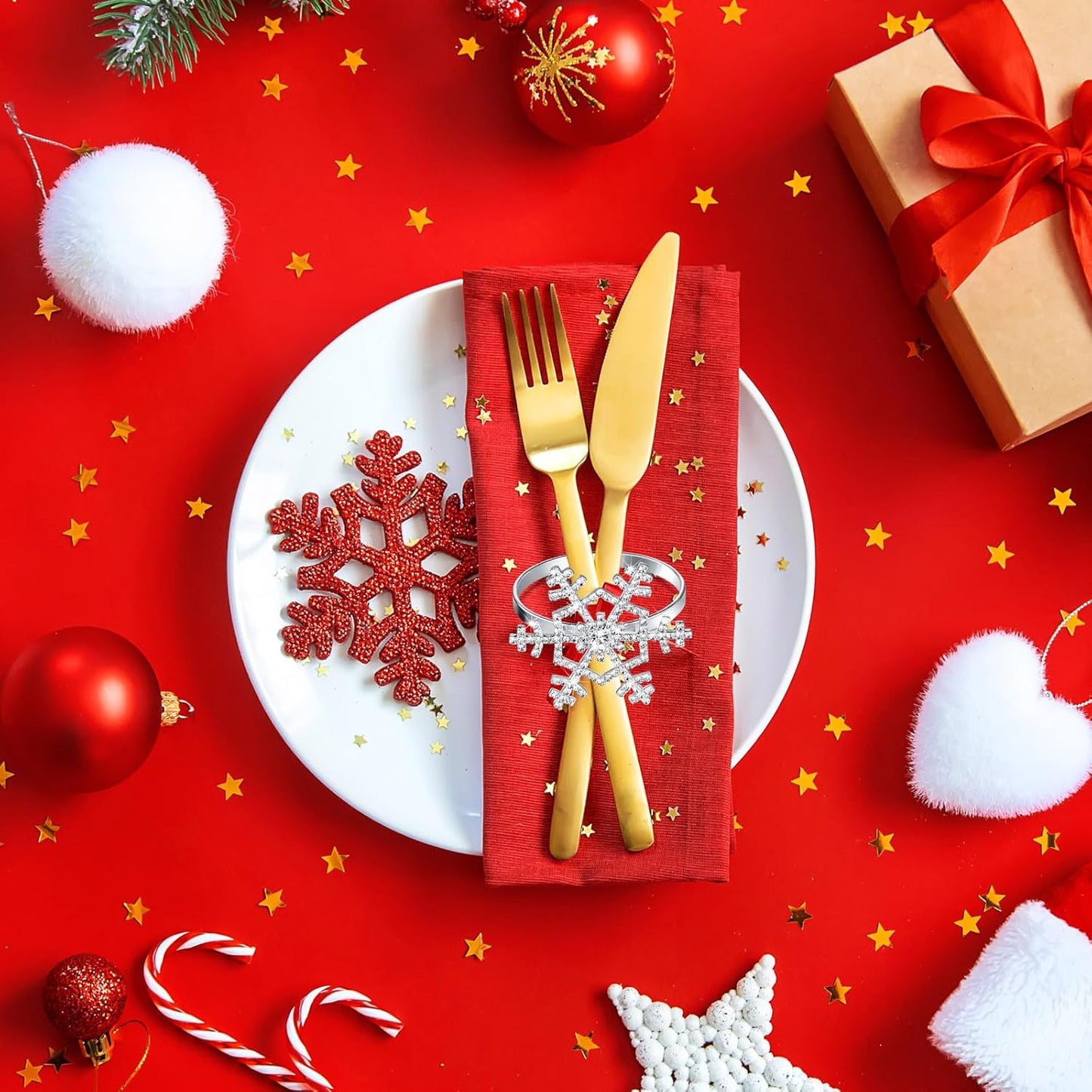 Patelai 100 Pieces Snowflake Napkin Rings Thanksgiving Christmas Napkin Holders Exquisite Household Rhinestone Napkin Rings Set for Christmas Wedding Dinner Party Table Decoration (Silver)