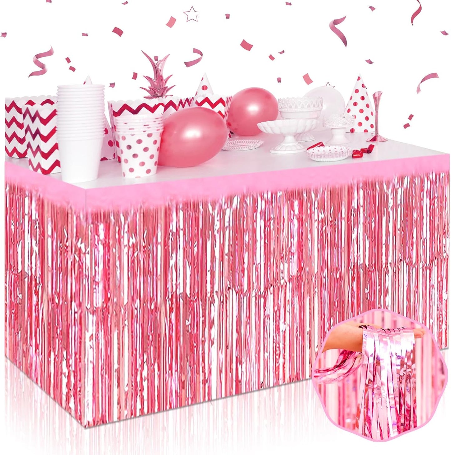 3 Pack 29 x108 Inch Pink Foil Fringe Table Skirts Metallic Banner for Tinsel Streamer Garland Backdrop for Parade Floats Wedding Thanksgiving Birthday Christmas Halloween New Year Party Decoration