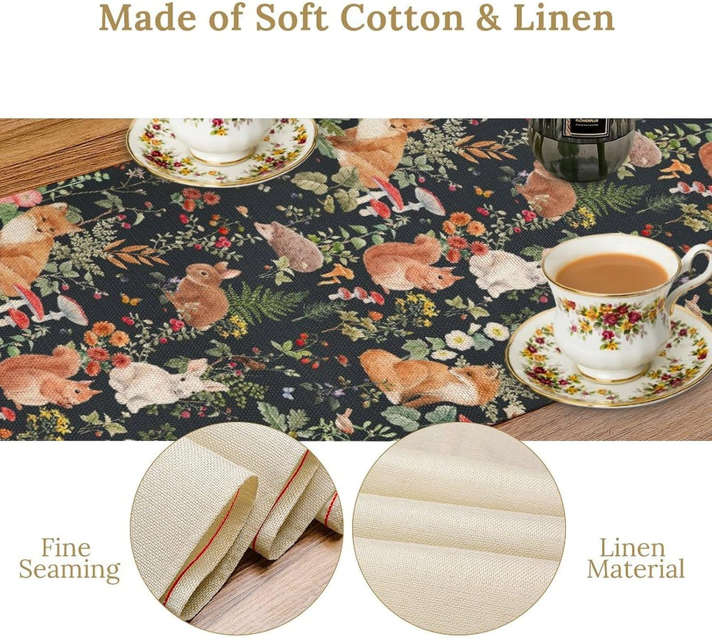 Rustic Forest Table Runner, Farmhouse Wild Woodland Animals Country Fox Rabbits Mushroom Botanical Green Table Center Decor for Home Kitchen Dining Patio Holiday Party, 13"x72" Inch