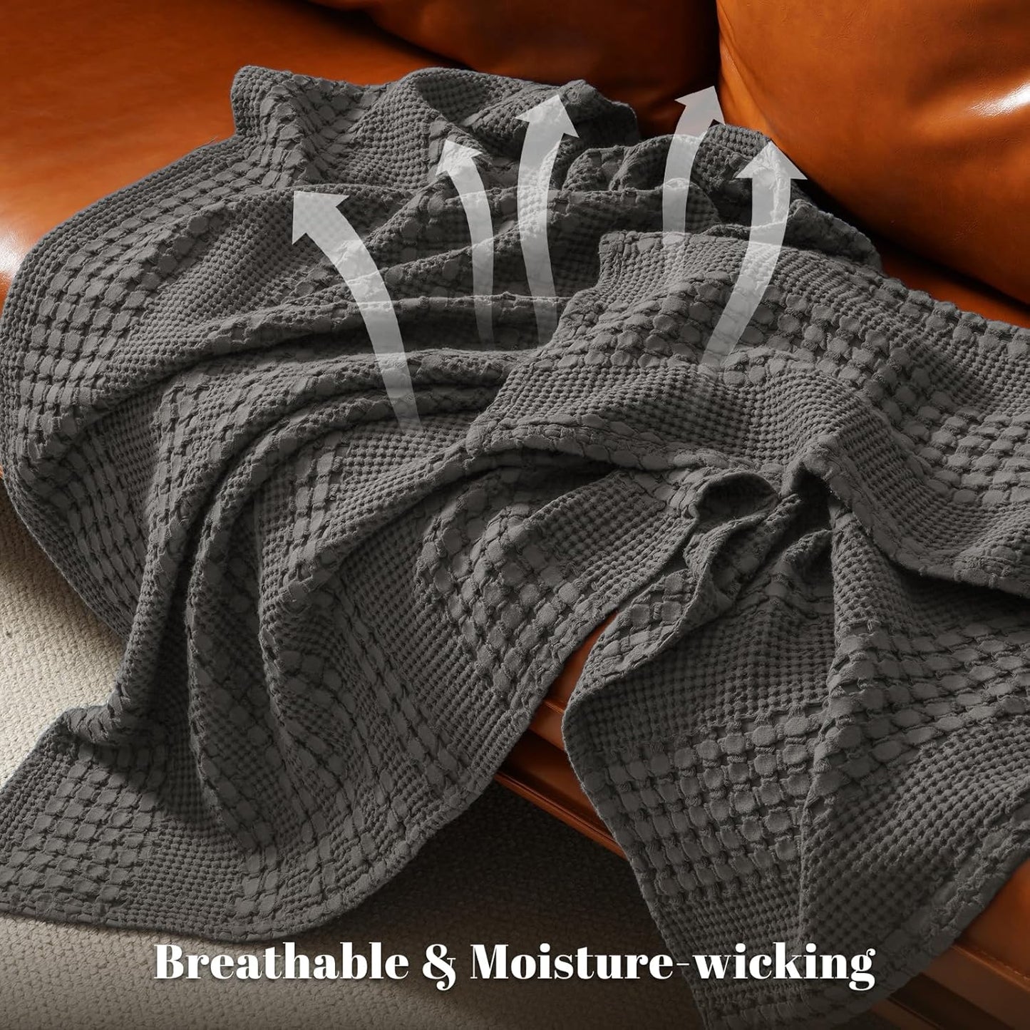 PHF 100% Cotton Waffle Weave Blanket Twin Size for Bed, Soft Lightweight & Breathable, All-Season Comfort, Luxury Aesthetic Woven Bedding for Home Decor, 66"x90", Charcoal Grey