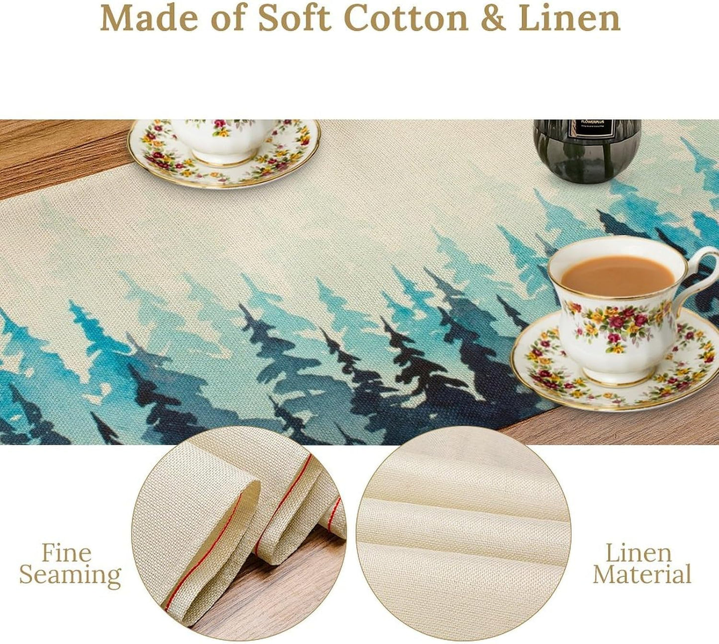 Misty Forest Table Runner,Foggy Blue Forest Landscape Table Runner for Kitchen Dining Table Home Party Decoration 13x120 Inch