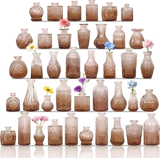 Set of 40 Glass Bud Vases, Small Amber Glass Vases in Bulk, Mini Vintage Embossed Flower Vase for Wedding, Centerpieces, Birthday Party, Baby Shower, Home Table Decorations (Amber)