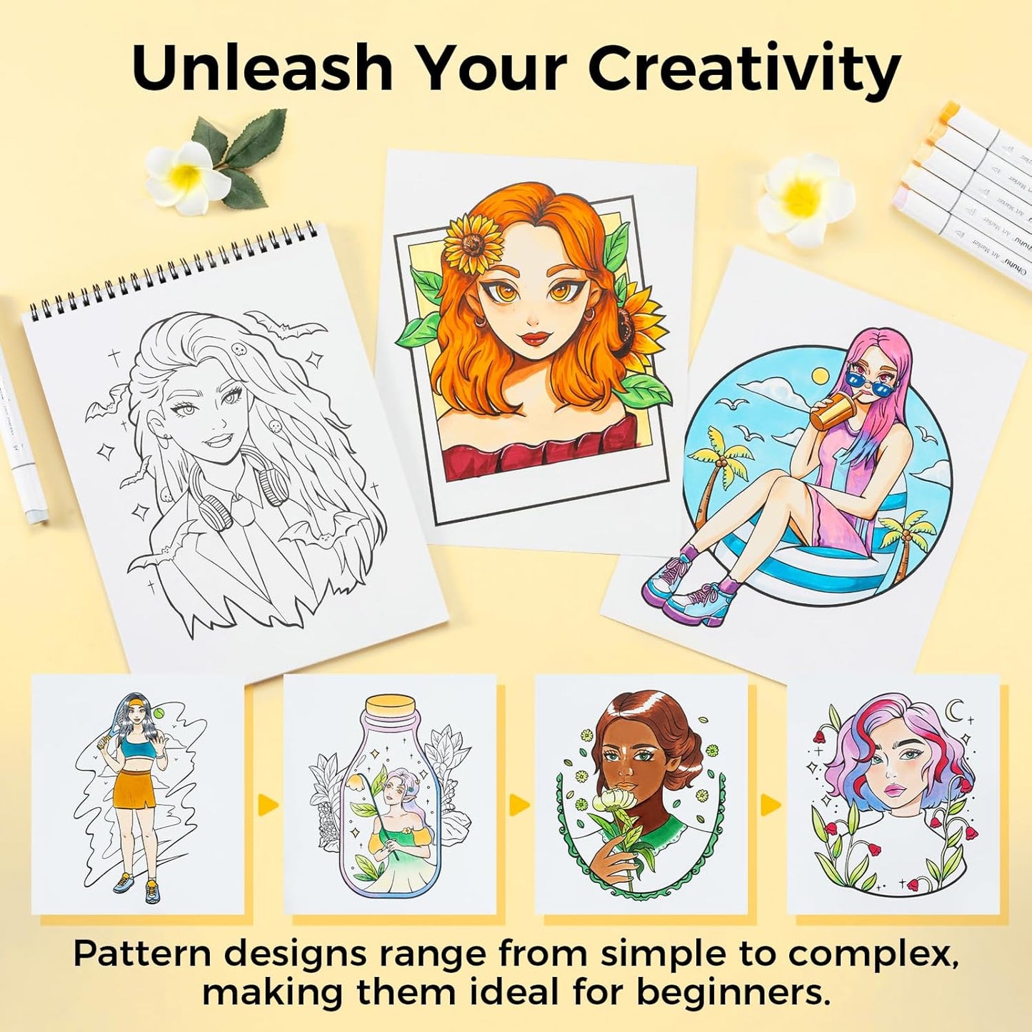 Ohuhu Double-Sided Bleedproof Coloring Book for Alcohol Markers - 8"x10" Portraits of Joy Coloring Book - 20 Sheets/40 Patterns - Top Spiral-Bound Design - Stress-Relieving Gift for Adults Teens Women