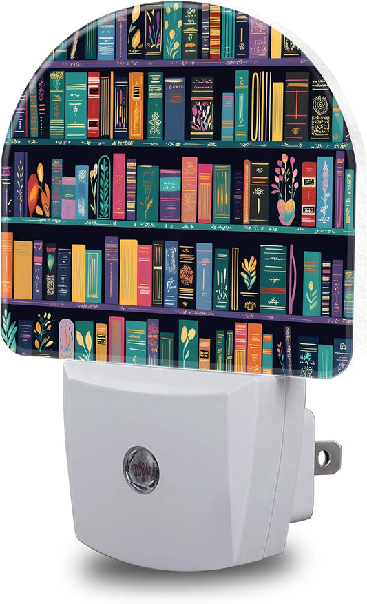 Book Night Light, Bookshelves Night Lights Plug into Wall Dusk to Dawn Sensor Round Nightlight for Women Men Energy Efficient Led Lamp 0.5W for Stairway Hallway Bedroom