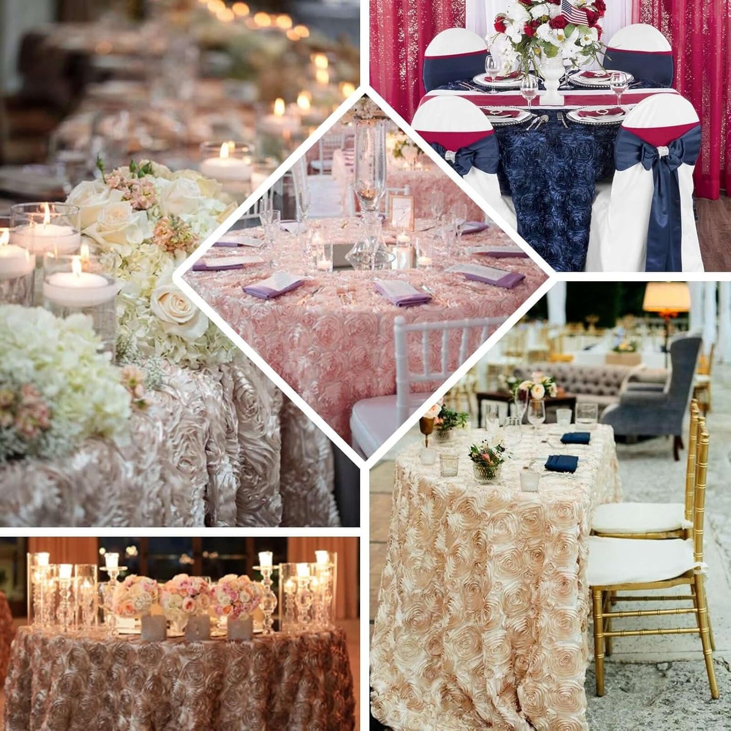 Efavormart 132" Wholesale Round Table Cover Royal Blue Grandiose Rosette 3D Satin Tablecloth for Wedding Party Event Decoration