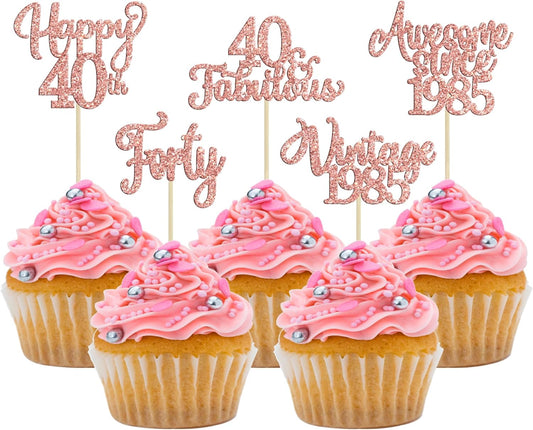30Pcs Vintage 1985 Cupcake Toppers Glitter Forty 40 Fabulous Happy 40th Birthday Cupcake Picks Cheers to 40 Years for 40th Birthday Anniversary Party Cake Decorations Supplies Rose Gold