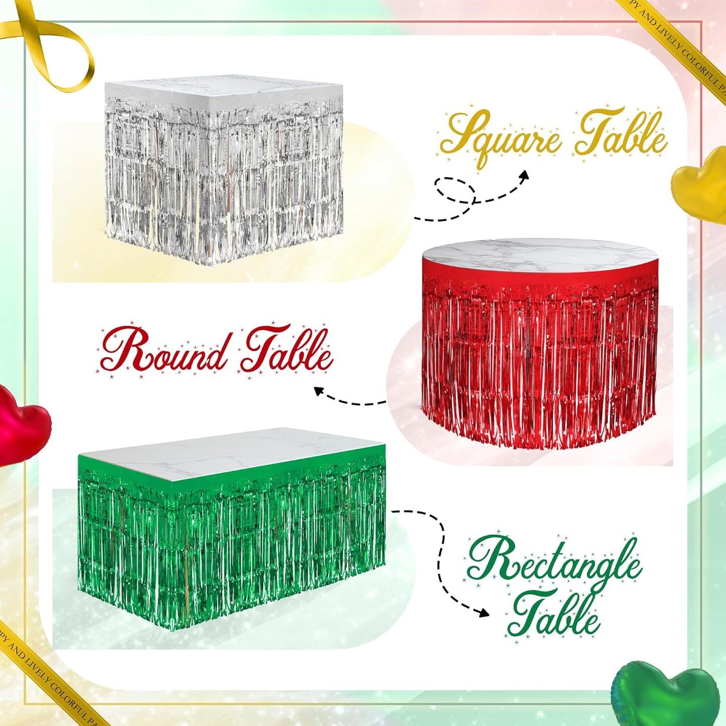 3 Pack Red Green Silver Table Skirts, 29x108" Metallic Foil Tinsel Fringe Table Skirt for Rectangle Tables Streamer Curtains Backdrop, Party Decorations for Birthdays, Weddings, Holidays