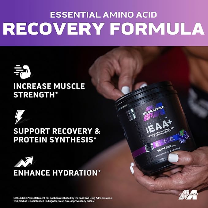 MuscleTech Platinum Essential Amino Acids Supplement with Electrolytes, Grape - Pre-Workout Powder for Energy, Muscle Growth & Strength Builder - EAA Complex for Men & Women - 30 Servings