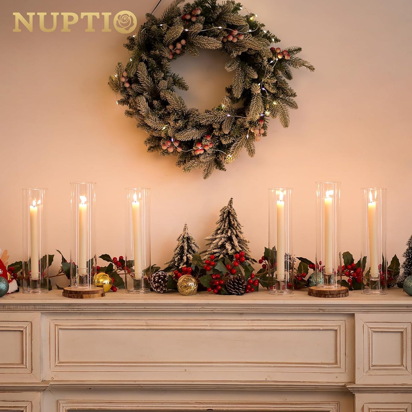 NUPTIO Taper Candle Holders Glass: Set of 10 Hurricane Candlestick Holder Bulk - Candle Stick Stand with Cylinder Sleeves for Thanksgiving Chrstmas Birthday Party Decor