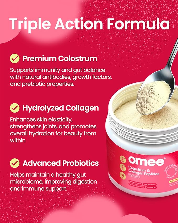 Omee Bovine Colostrum and Collagen Powder | Hair Growth, Beauty, Skin & Nail Supplement | Gut Health, Immune Support | Probiotics | 40% IgG, Unflavored, Grass-Fed, Hydrolyzed, Gluten-Free, 30 Servings