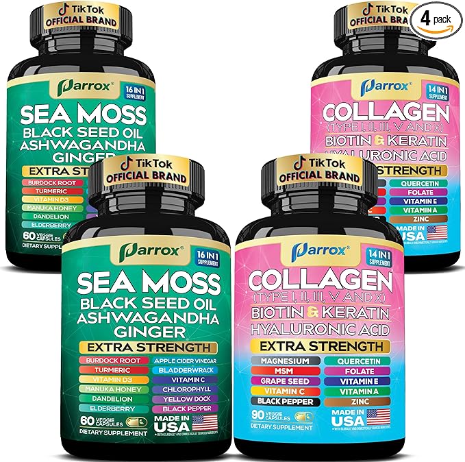 Radiant Wellness Bundle -Sea Moss, Black Seed Oil, Ashwagandha, Ginger, Collagen Types I II III V X, Biotin, Keratin, Hyaluronic Acid, Burdock Root, Turmeric, Vitamin D3, Magnesium (2 Pack)