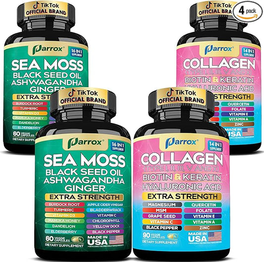 Radiant Wellness Bundle -Sea Moss, Black Seed Oil, Ashwagandha, Ginger, Collagen Types I II III V X, Biotin, Keratin, Hyaluronic Acid, Burdock Root, Turmeric, Vitamin D3, Magnesium (2 Pack)