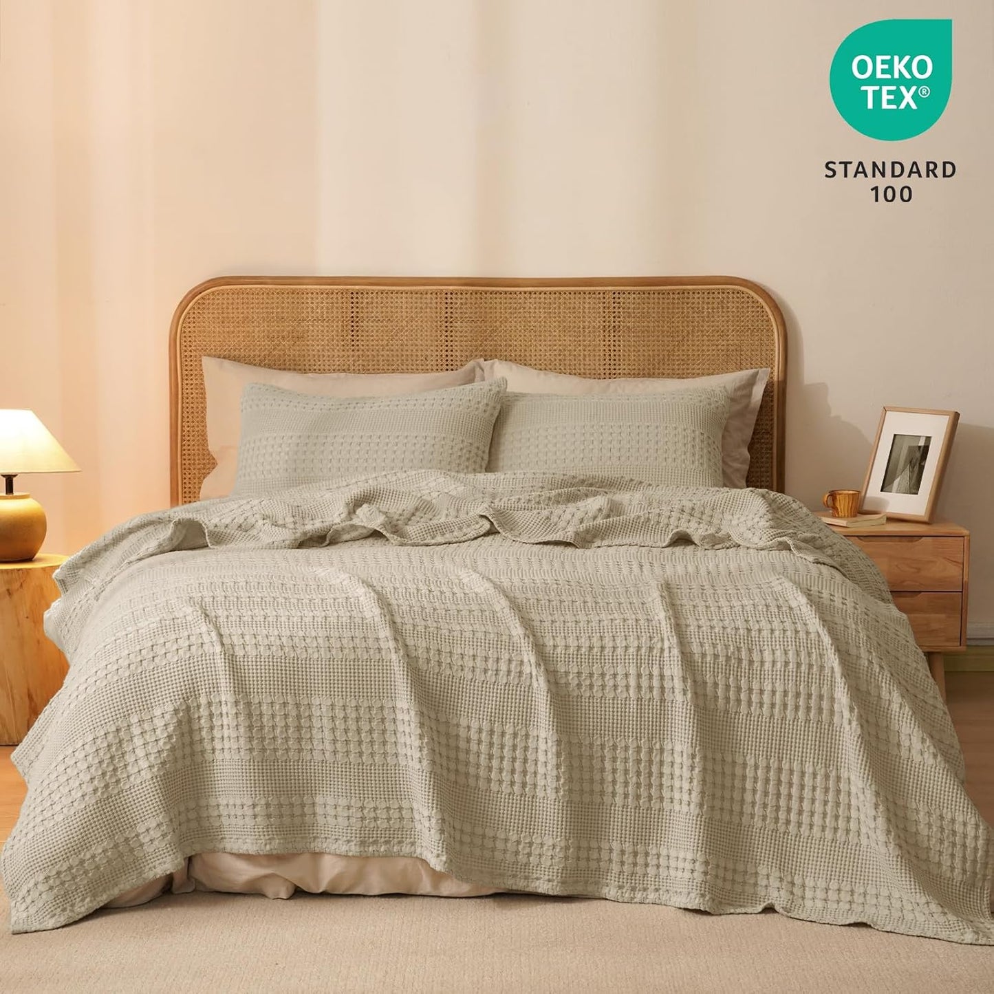 PHF 100% Cotton Waffle Weave Blanket King Size for Bed, Soft Lightweight & Breathable, All-Season Comfort, Luxury Aesthetic Woven Bedding for Home Decor, 108"x90", Khaki