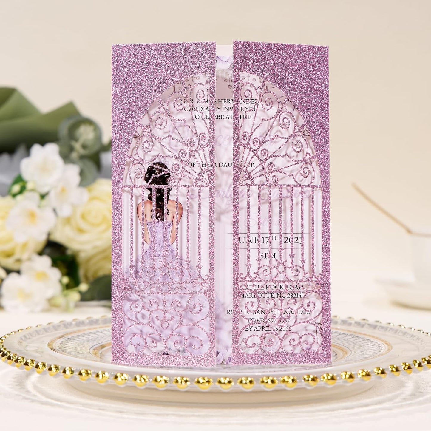 Personalized Wedding Invitations with Envelopes and RSVP Cards Blank 25pcs Light Purple Glitter Laser Cut Invitation Pockets for Wedding Bridal Shower Birthday Quinceañera Anniversary