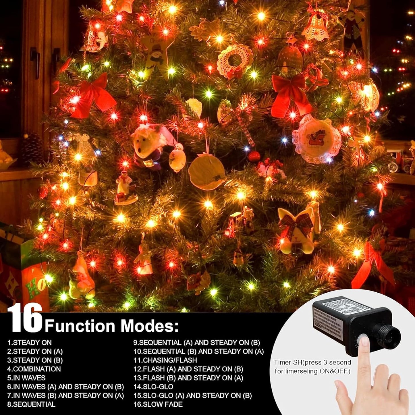 LAMPHOME 33ft Christmas Decorative Mini Lights, 100 LED Transparent Wire Fairy Starry String Lights Plug in, 12 Lighting Modes, for Indoor Outdoor Xmas Tree Wedding Party Decoration (Warm+Multicolor)