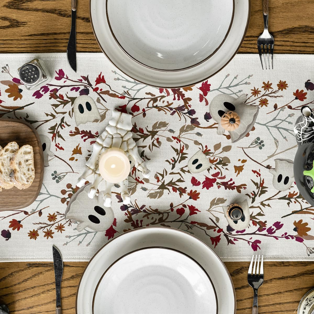 Artoid Mode Ghost Flowers Leaves 210 GSM Halloween Table Runner,Seasonal Fall Kitchen Dining Table Decoration for Home Party Decor 13x108 Inch