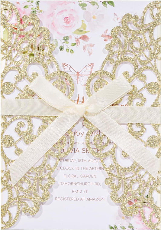 50Pcs Gold Glitter Laser Cut Wedding Invitation with Envelopes RSVP Cards and Ribbons Blank Card Invitaciones Para 15 Años Personalizados Quinceañera Baby Shower Party Invites