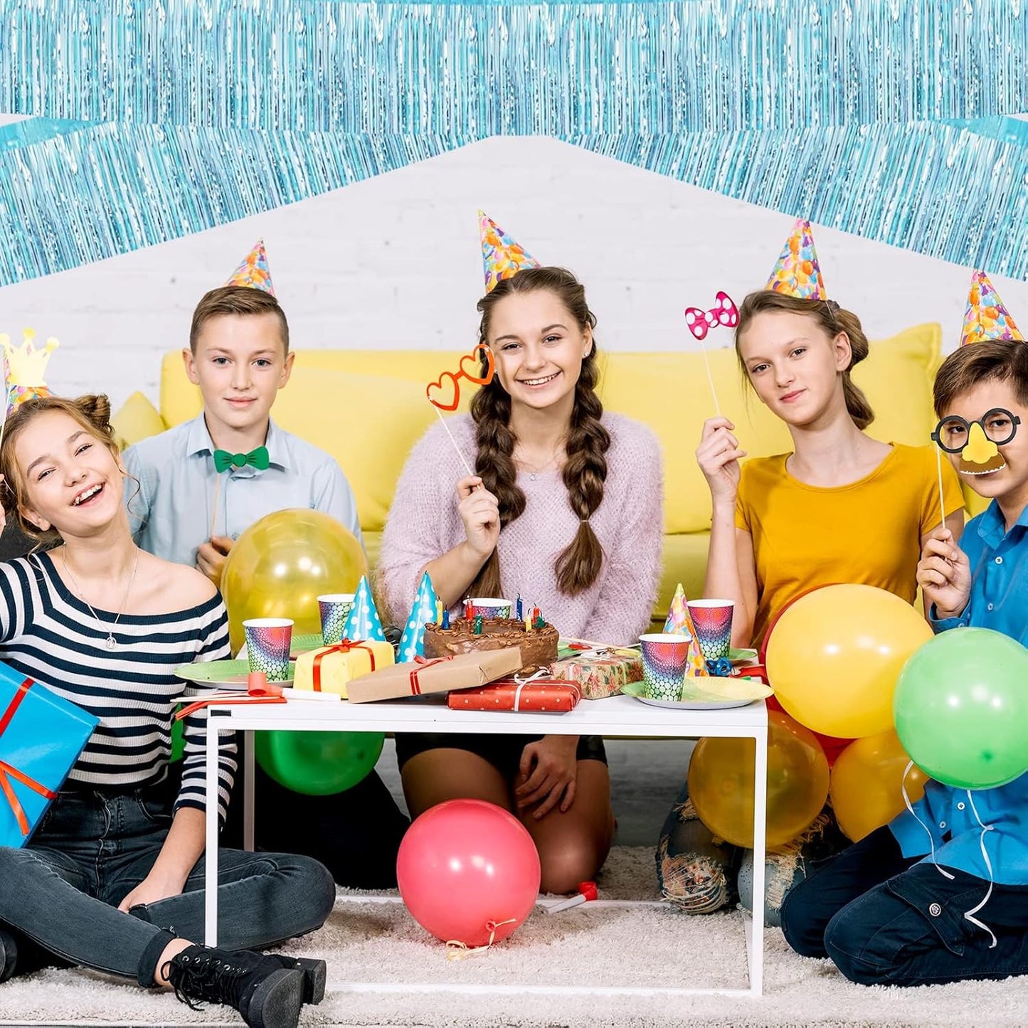 10 Pack 10 Feet Foil Fringe Garland Metallic Tinsel Streamers Banner Wall Hanging Curtain Backdrop for Parade Floats, Bachelorette, Wedding, Birthday, Halloween, Christma Party Decoration(Light Blue)