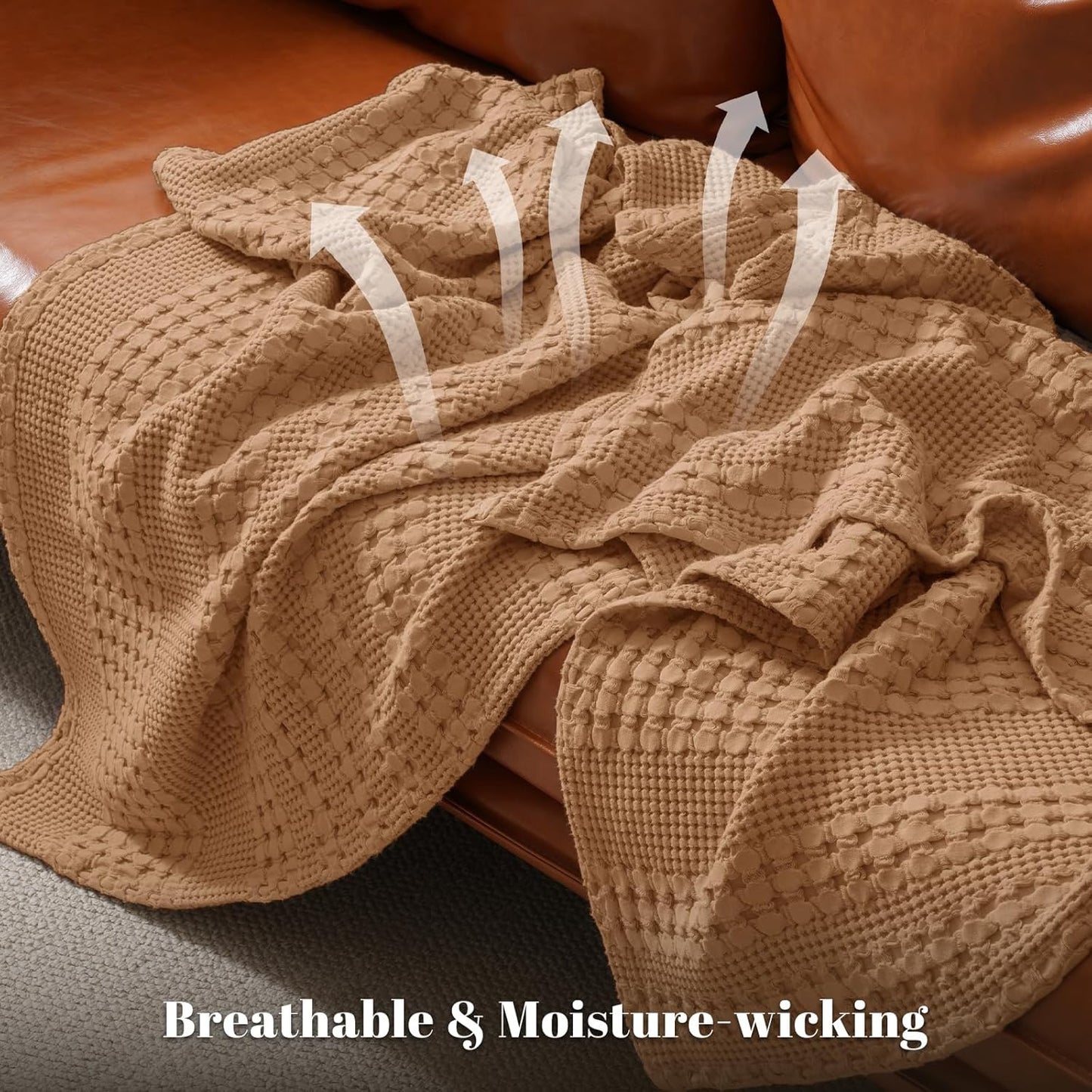 PHF 100% Cotton Waffle Weave Throw Blanket, Soft Lightweight Breathable Cozy Throws for Couch Bed Sofa, Luxury Aesthetic Woven Blanket for Home Decor & Office, 50"x60", Camel