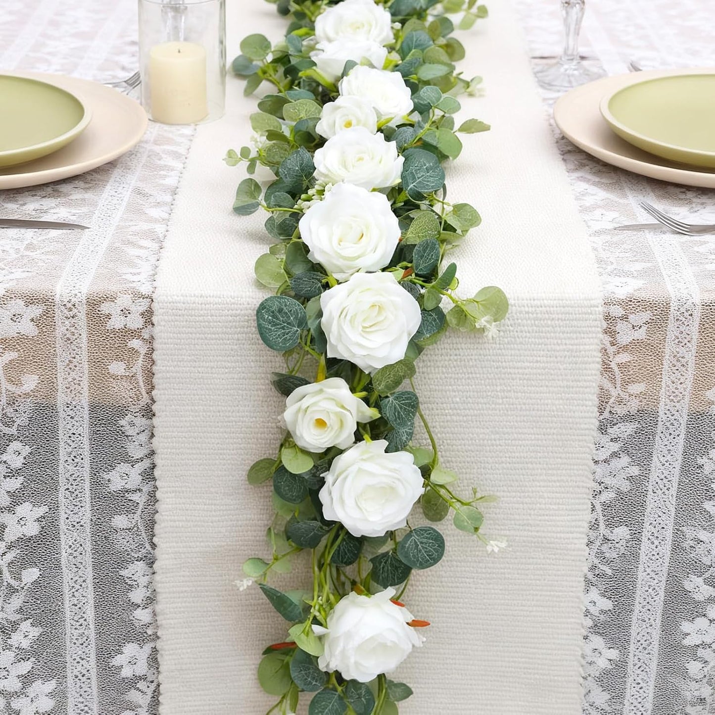 6FT Artificial Eucalyptus Garland with 14 Fake White Rose Flowers - Floral Greenery Decoration Vine for Wedding Centerpieces, Table Runner, Backdrop, Arch Wall Decor,Indoor/Outdoor (2 PCS)