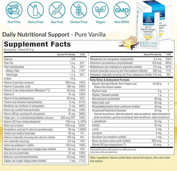 Equilife Daily Nutritional Support, All-in-One Multivitamin Meal Replacement, Pure Vanilla Flavor, 15G Plant Protein, Supports Overall Wellness Including Energy, Digestion, & Skin, 14 Packets