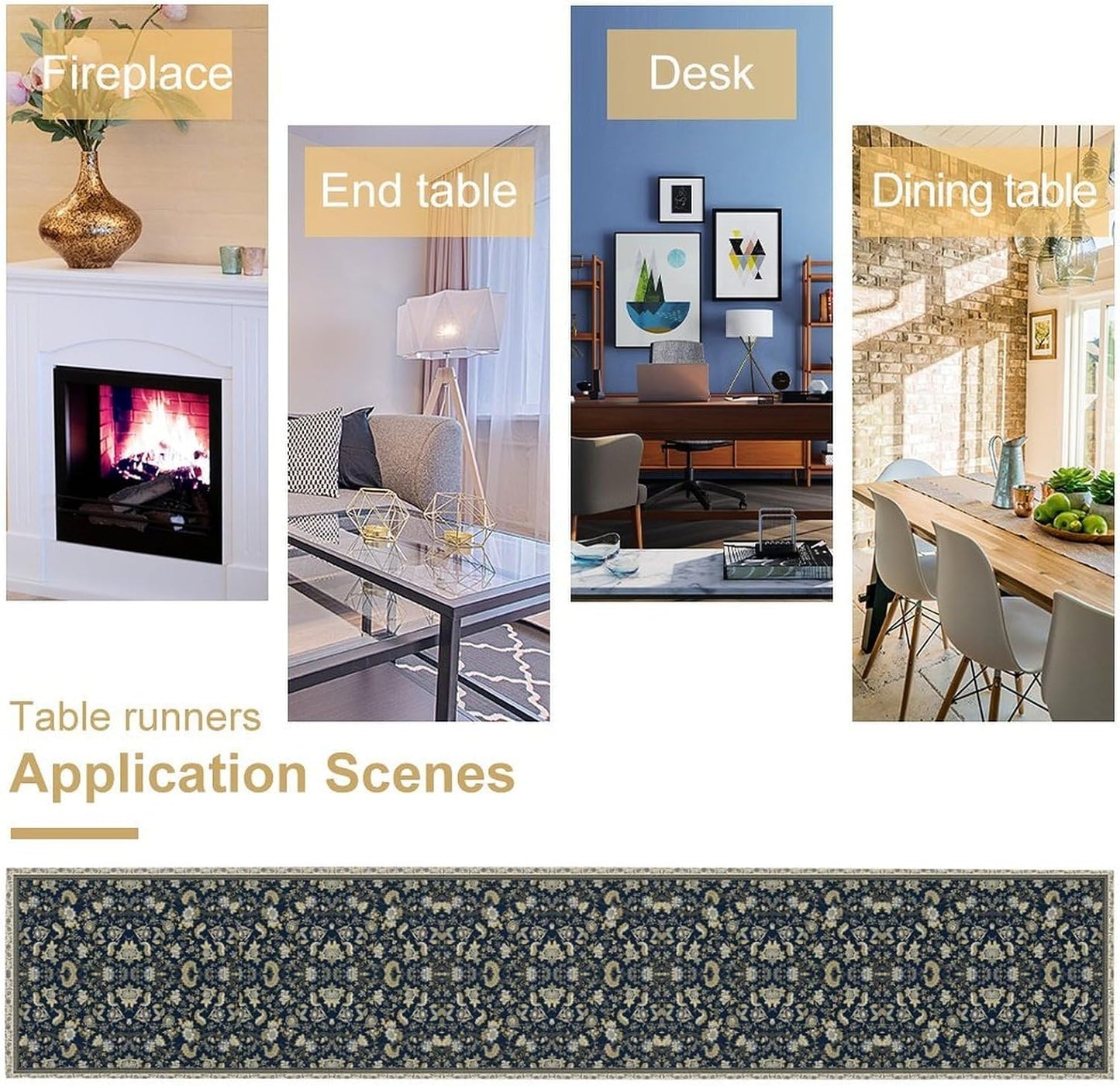 Vintage Boho Floral Table Runner, Morris Rustic Country Farmhouse Dark Blue Grey Retro Flower Pattern for Home Kitchen Table Decor Dining Coffee Room Party Decor 13x36in