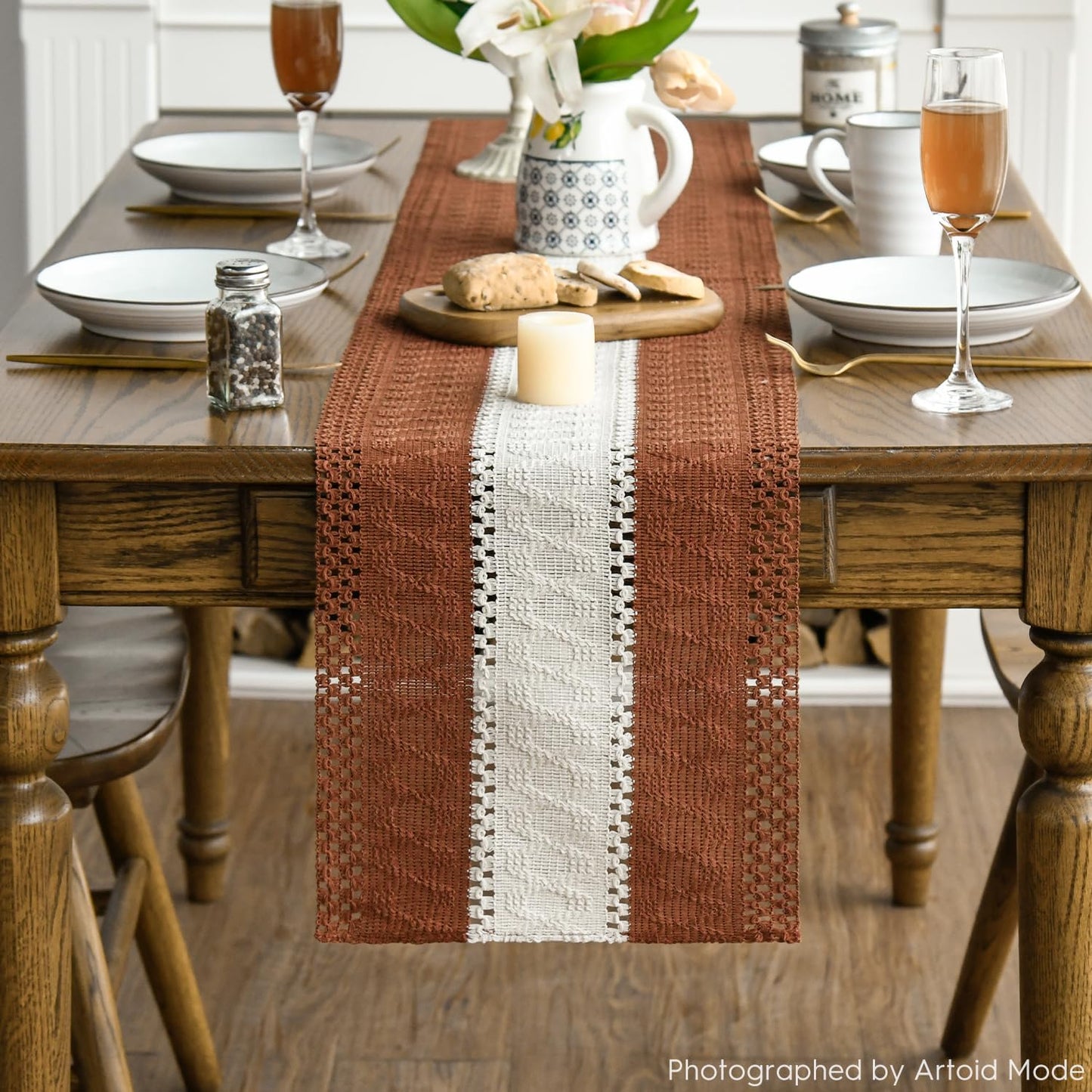 Artoid Mode Caramel Farmhouse Rustic Table Runner, Seasonal Hollow Kitchen Dining Table Decoration for Home Party Decor 12x72 Inch