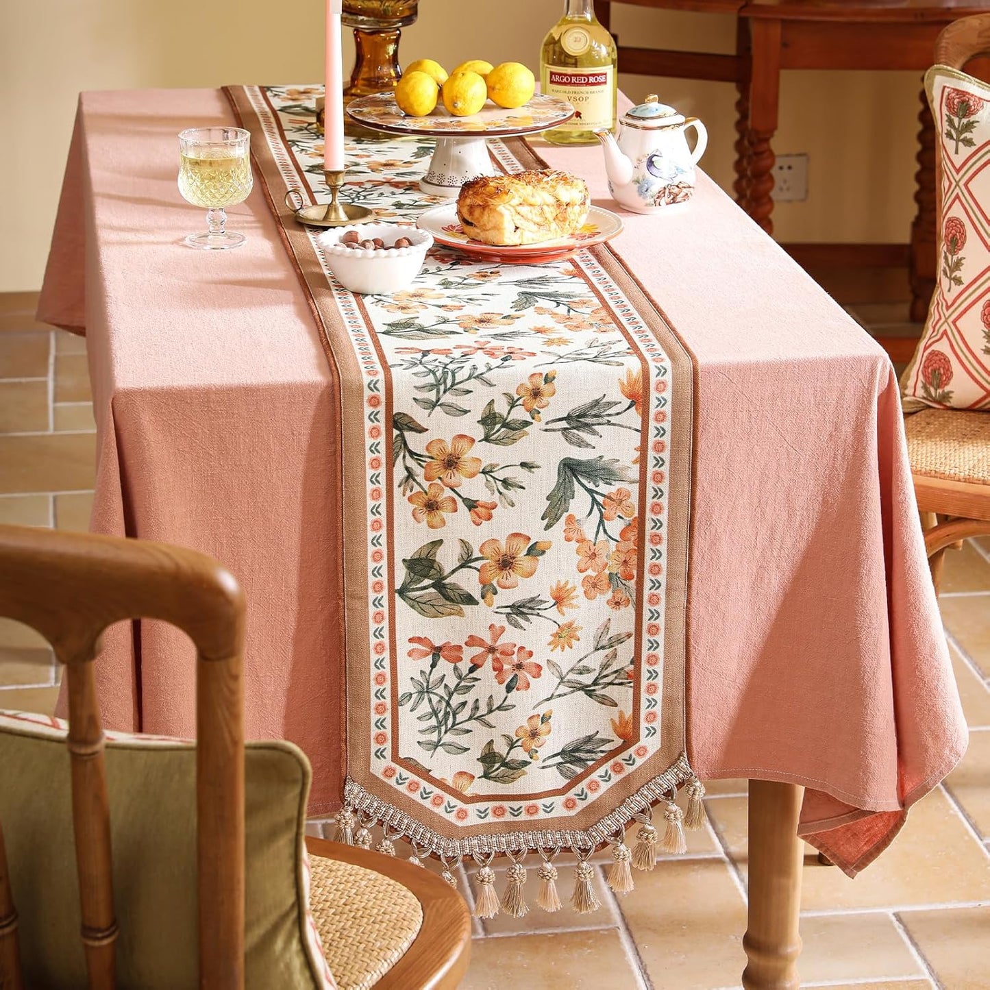 Vintage Linen Table Runner,Floral Table Runners 87 Inches Long,Soft and Luxury Coffee Table Runners.Decoration Tabletop for Kitchen,Dining,Party,Home,Christmas,12"*87"