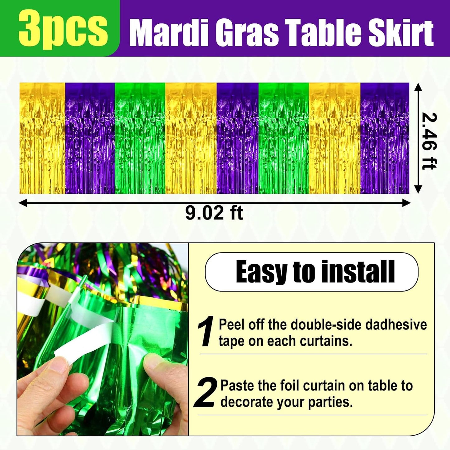 3 Pack 29x108 Inch Gold Green Purple Foil Fringe Table Skirts Metallic Banner for Tinsel Streamer Garland Backdrop for Parade Floats Wedding Thanksgiving Birthday Christmas Halloween Party Decoration