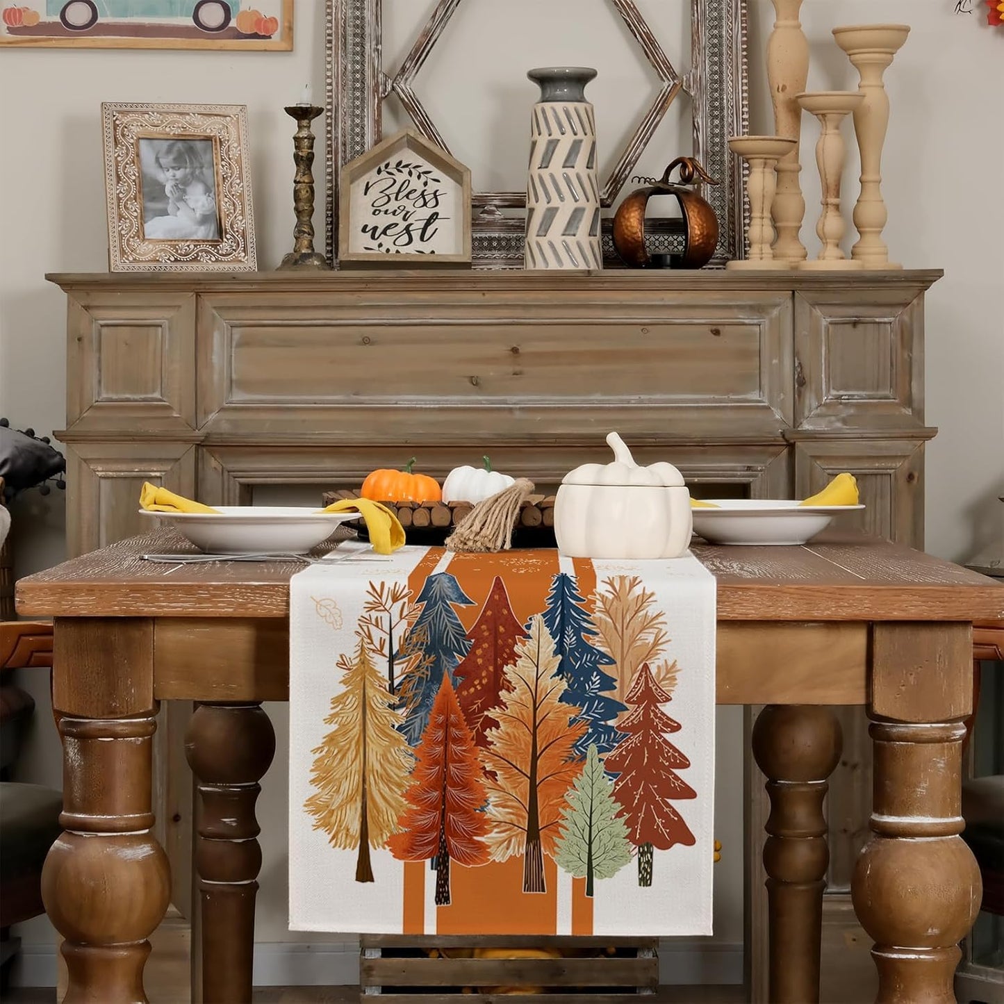 GEEORY Fall Watercolor Trees & Maple Leaves Striped Table Runner 13x60 Inch, Rustic Farmhouse Autumn Thanksgiving Decor for Kitchen, Dining, Indoor/Outdoor Holiday Dinner Party Orange GT157-60