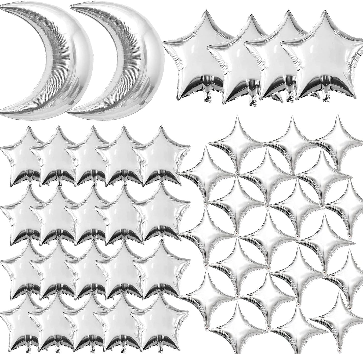 50pcs Silver Moon and Star Balloons,36"Moon Foil Balloons 18"10" Star Foil Balloons Four Pointed Star Balloon Mylar Balloon for Baby Shower Christmas Wedding Birthday Party