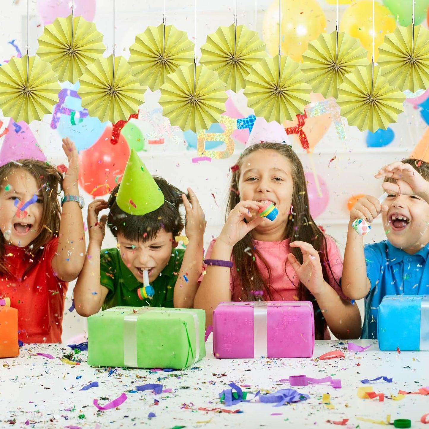 Yellow Hanging Paper Fans,Yellow Accessories Paper Decorations for Party,Color Party Decorations,Bee Themed Classroom Decor,12in Hanging Paper Fans 30 Color DIY Set （Light Yellow）