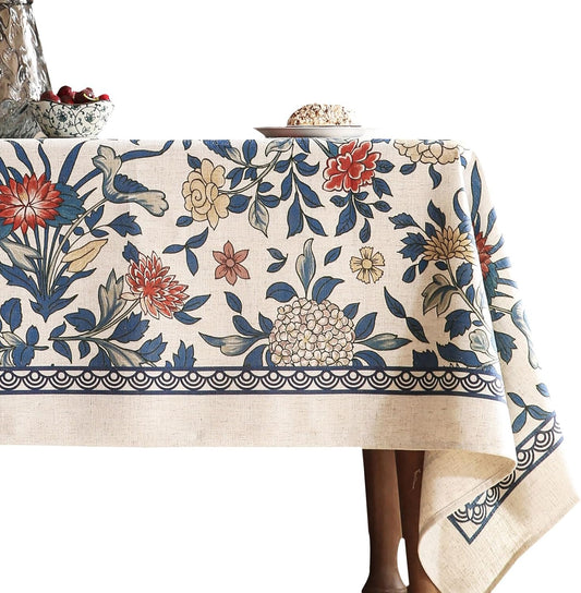 patdrea Designer Blue Small Tablecloth for Rectangle Table,Vintage Linen with Leaves and Floral Pattern Tablecloths,Farmhouse Decor Cover for Kitchen Dining Christmas,Thanksgiving,55"x71"-Ivar a
