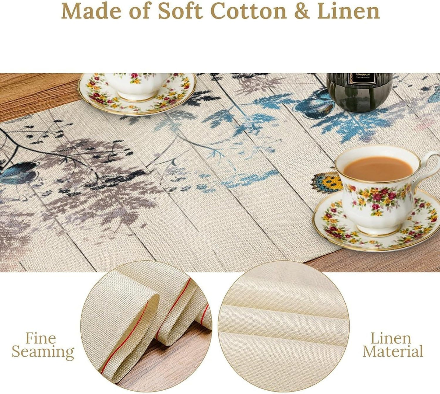 Nature Dandelion Table Runner,Rustic Floral Wood Plank Butterfly Girl Women Pattern Print Burlap Tablecloth for Hotel Indoors Outdoor Dining Room Kitchen Table Decor, 13x90in