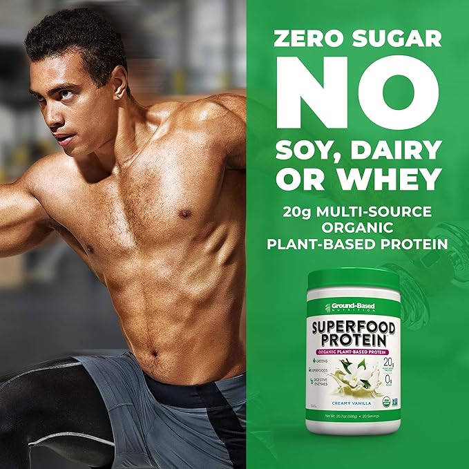 Ground-Based Nutrition Plant-Based Protein Superfood Powder - Vanilla Flavor - Vegan, Keto, Paleo Friendly - High Protein, Low Calorie, Gluten-Free - 20 Servings Creamy Vanilla