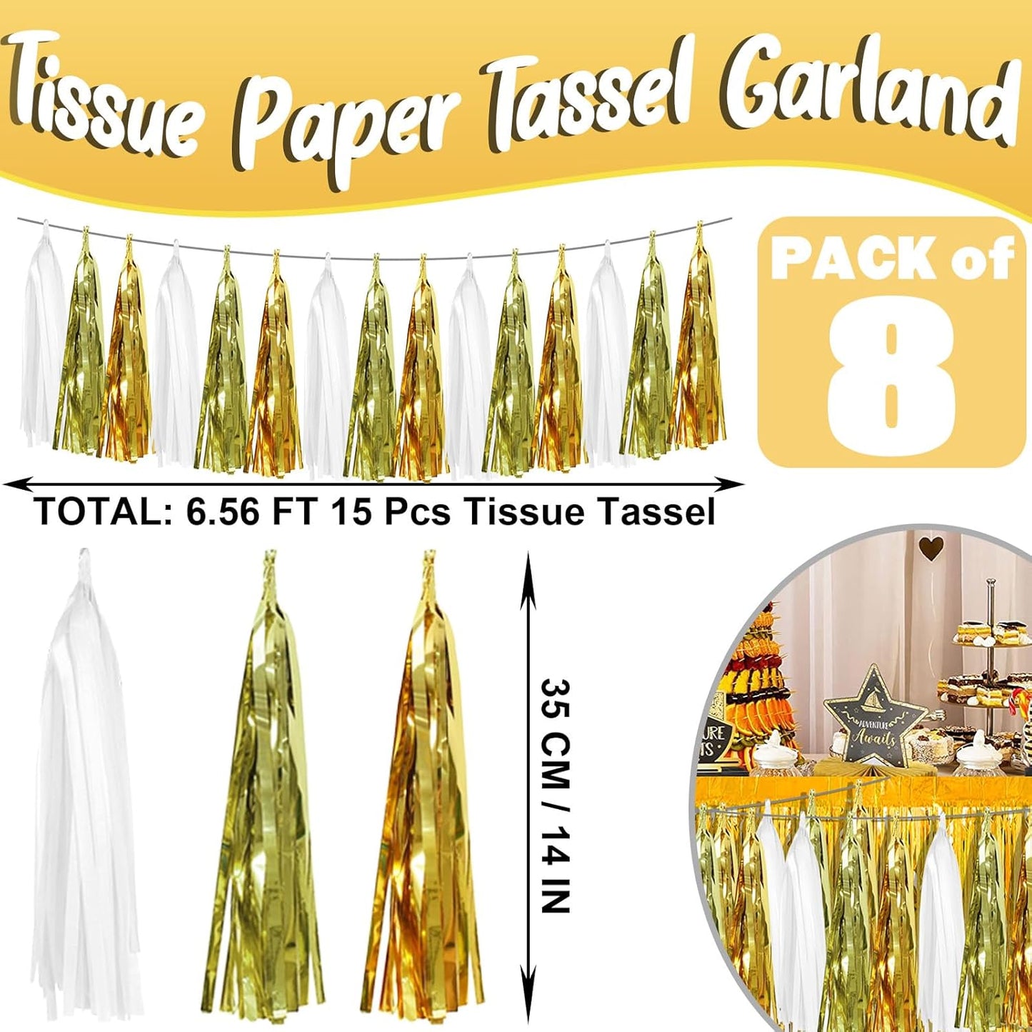 8P Gold Foil Fringe Metallic Tassel Streamers Banner Tassel Garland for Parade Floats, Bachelorette, Wedding, Birthday, Halloween, Christmas, Bridal/Baby Shower Party Decorations