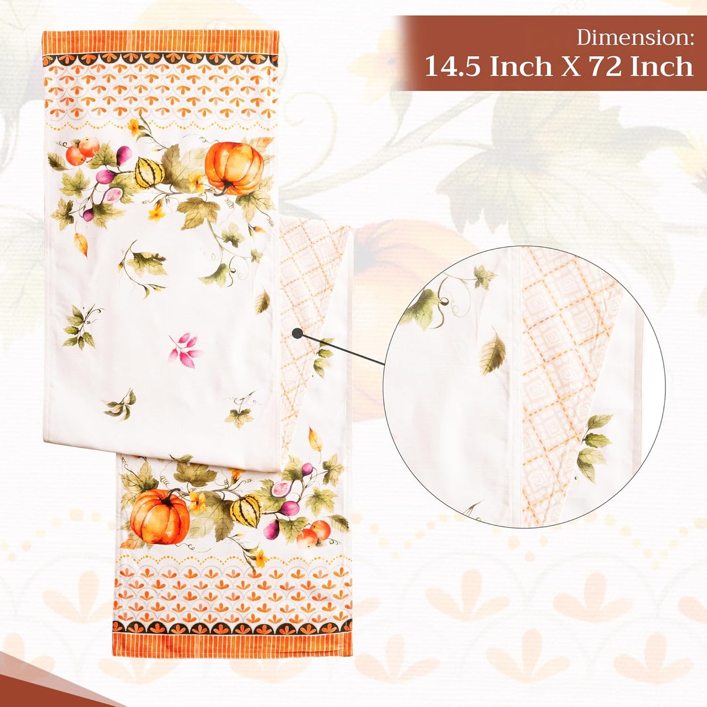 Maison d' Hermine Table Runner 100% Cotton Double Layer Table Runners 72 inches Long for Thanksgiving Christmas Decorations Home Kitchen Dining Wedding (Pumpkin Garden - Cloudy Cream, 14.5" x 72")